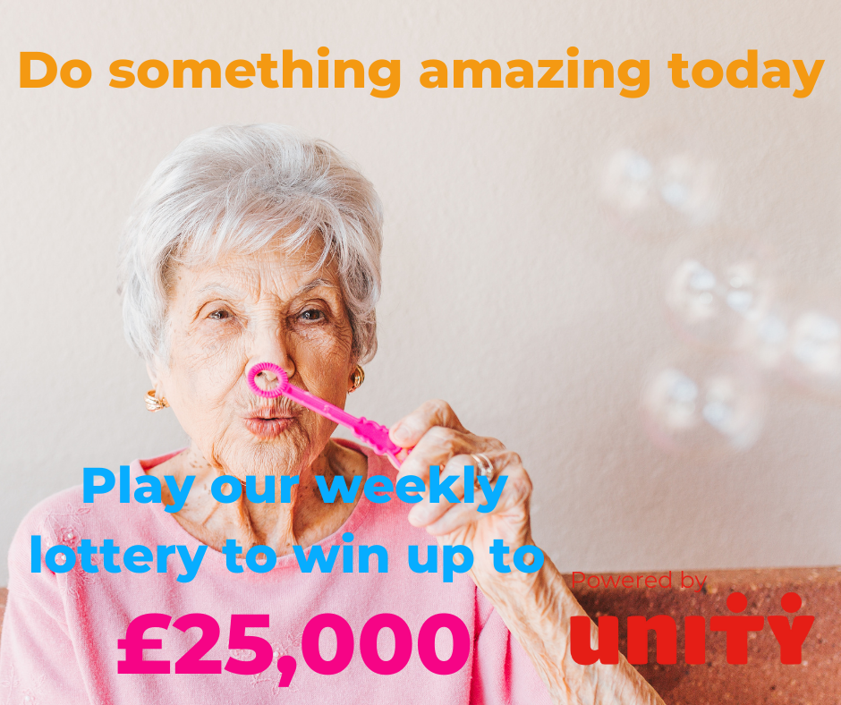 lady blowing bubbles looking to camera excited. Text says do something amazing today play our weekly lottery to win up to £25000